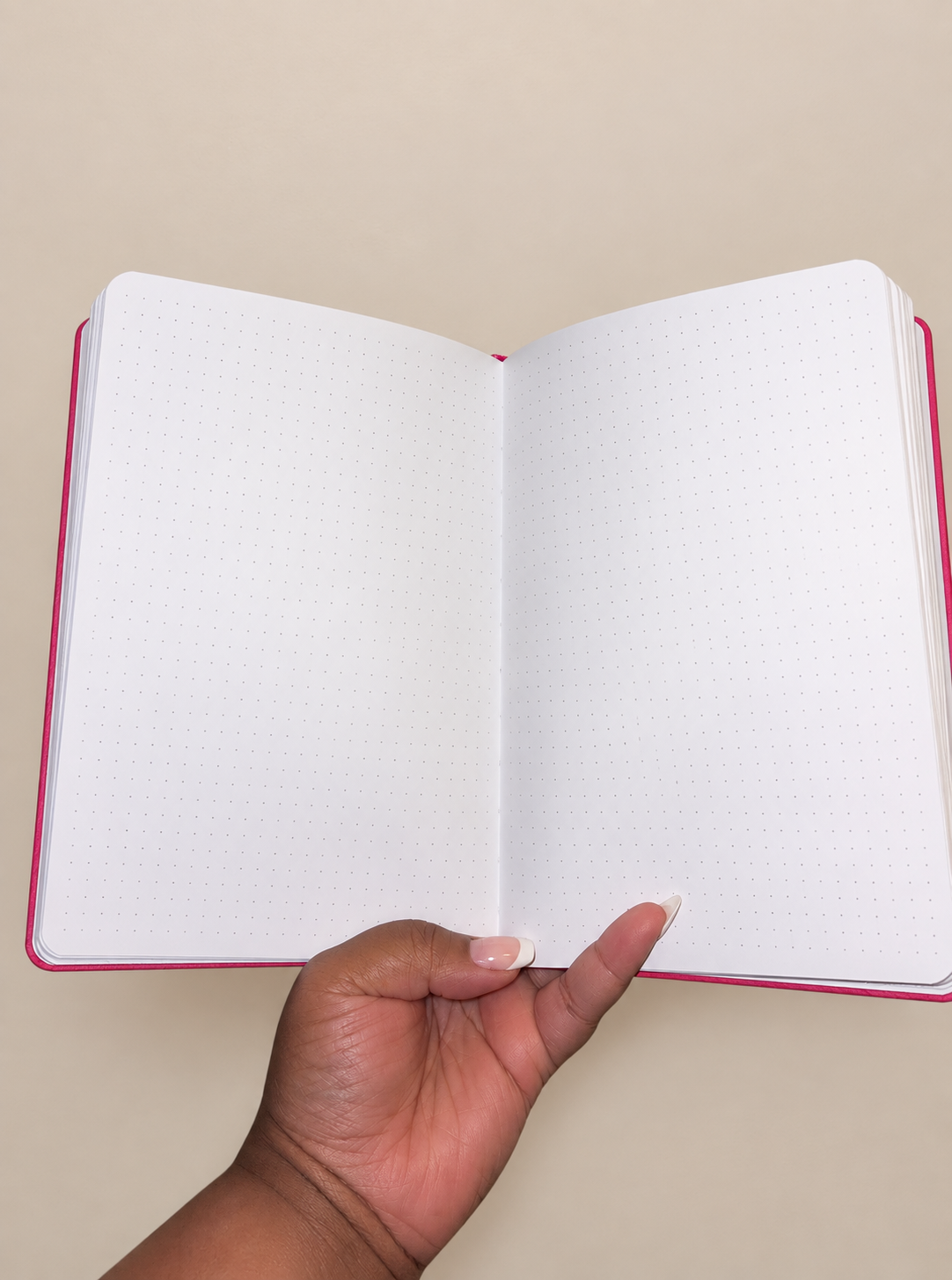 Bloom & Flourish pink journal with gold floral detailing, A5 dot grid journal with 160 GSM paper and 192 pages, alternate product view.