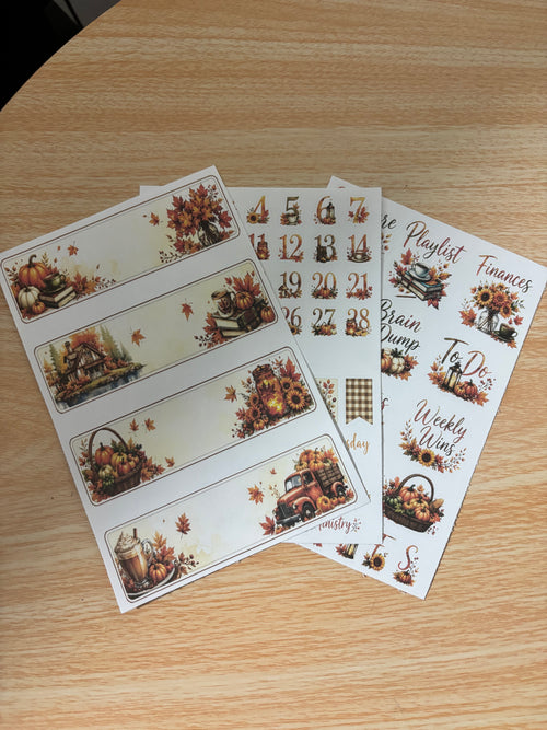 Autumn Brew Basic 3-sheet fall planner stickers with pumpkins leaves and coffee