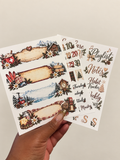 Winter Wonderland Basic three-sheet planner sticker set with snowy chalets, evergreen branches, and cozy winter decorations.