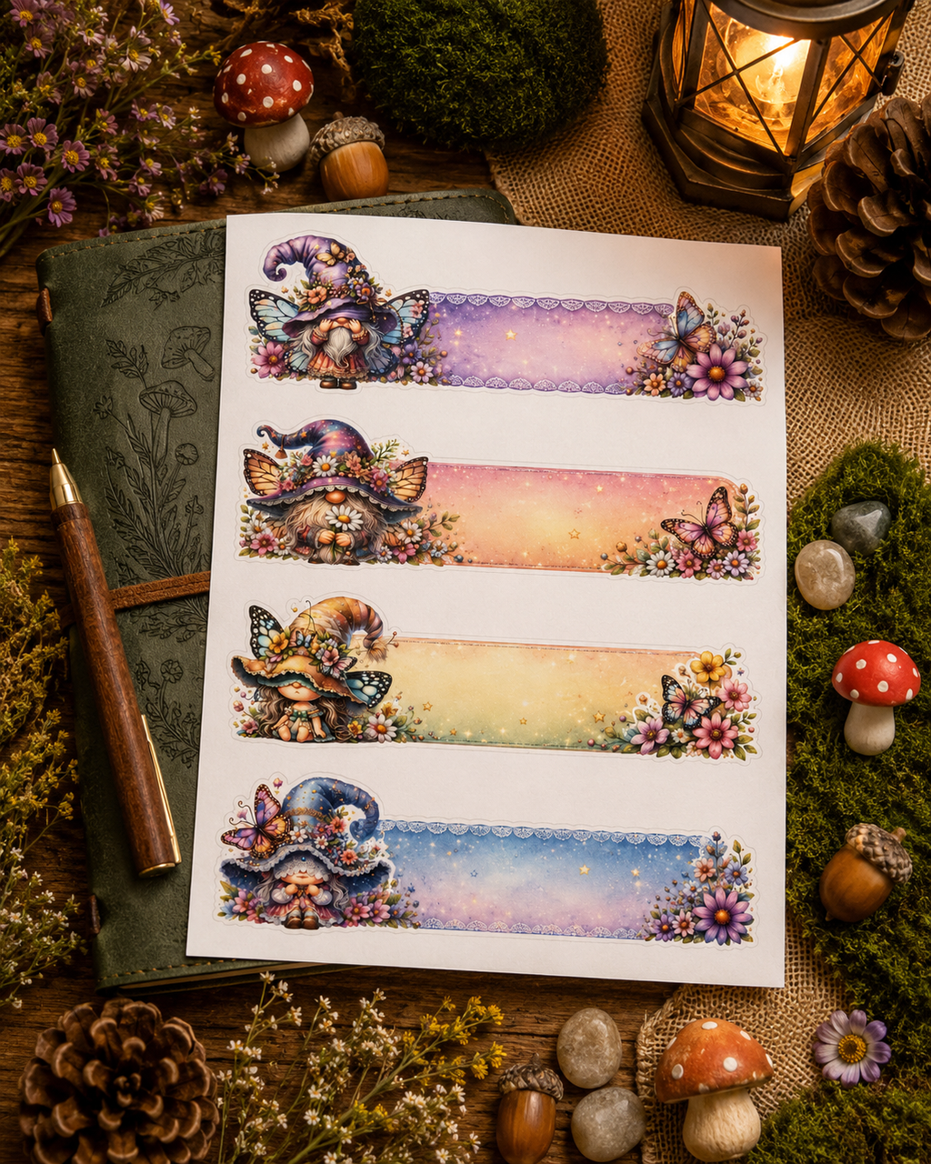Gnome Gardens fairy gnome and garden-themed planner sticker sheet