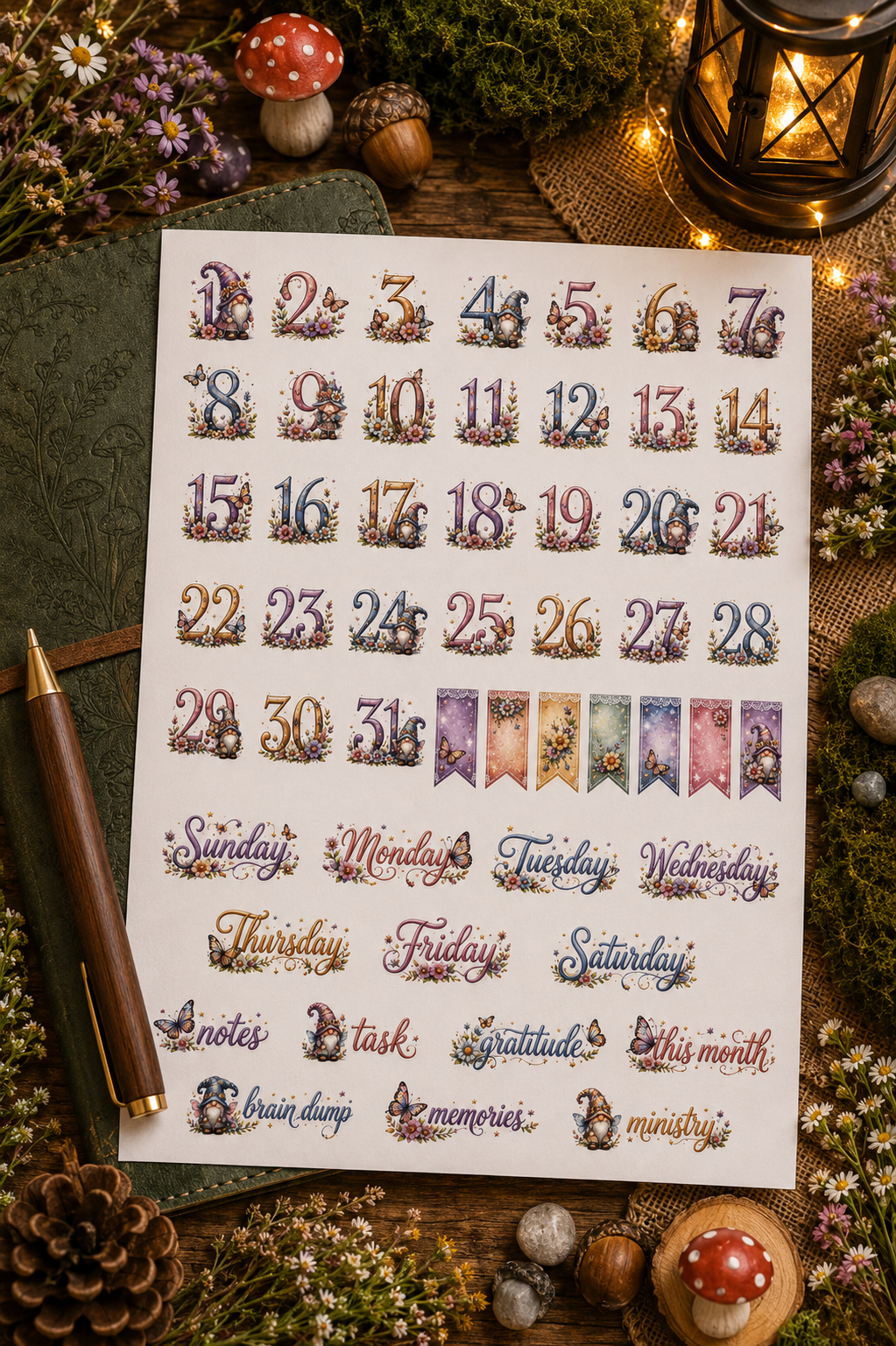 Gnome Gardens whimsical functional stickers for bullet journals and planners