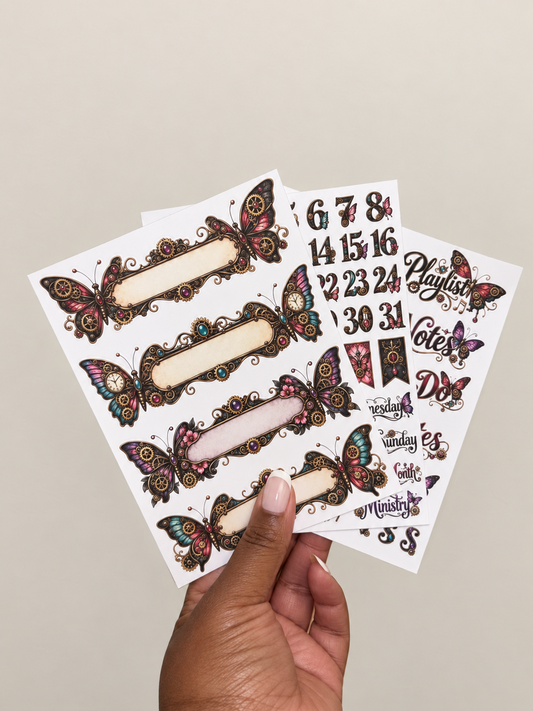 Mechanical Butterflies Basic 3-sheet bullet journal sticker set with butterflies, gears and jewel-toned steampunk planner stickers