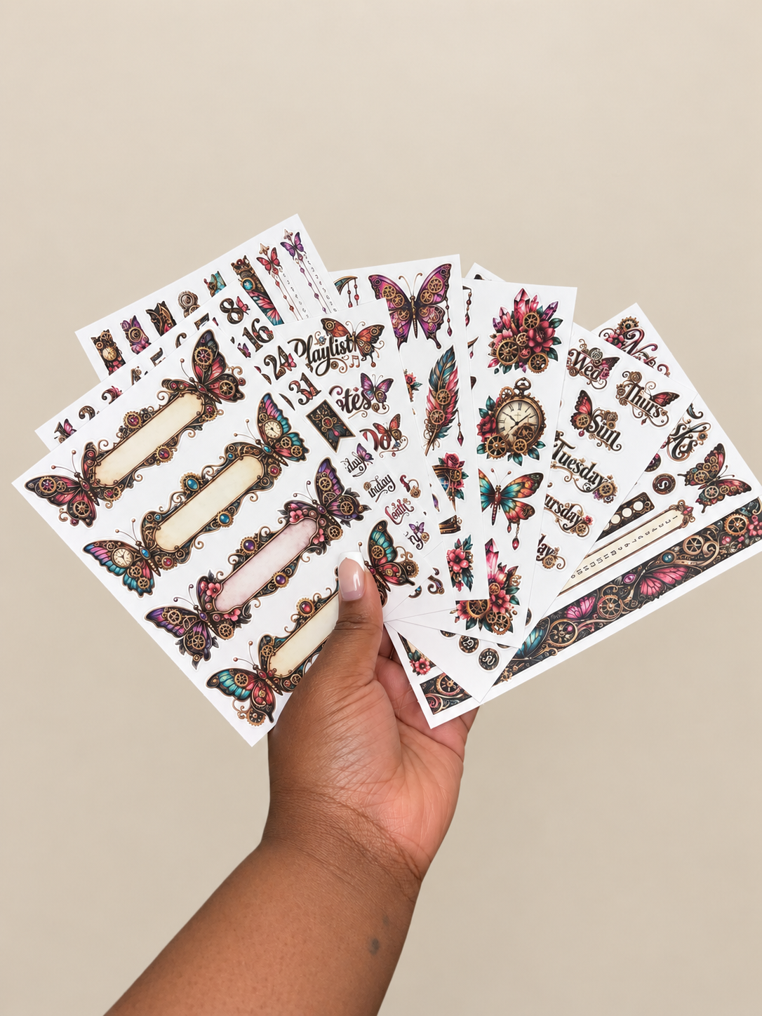 Mechanical Butterflies Deluxe 8-sheet bullet journal sticker set with butterflies, gears, florals and jewel-toned planner stickers