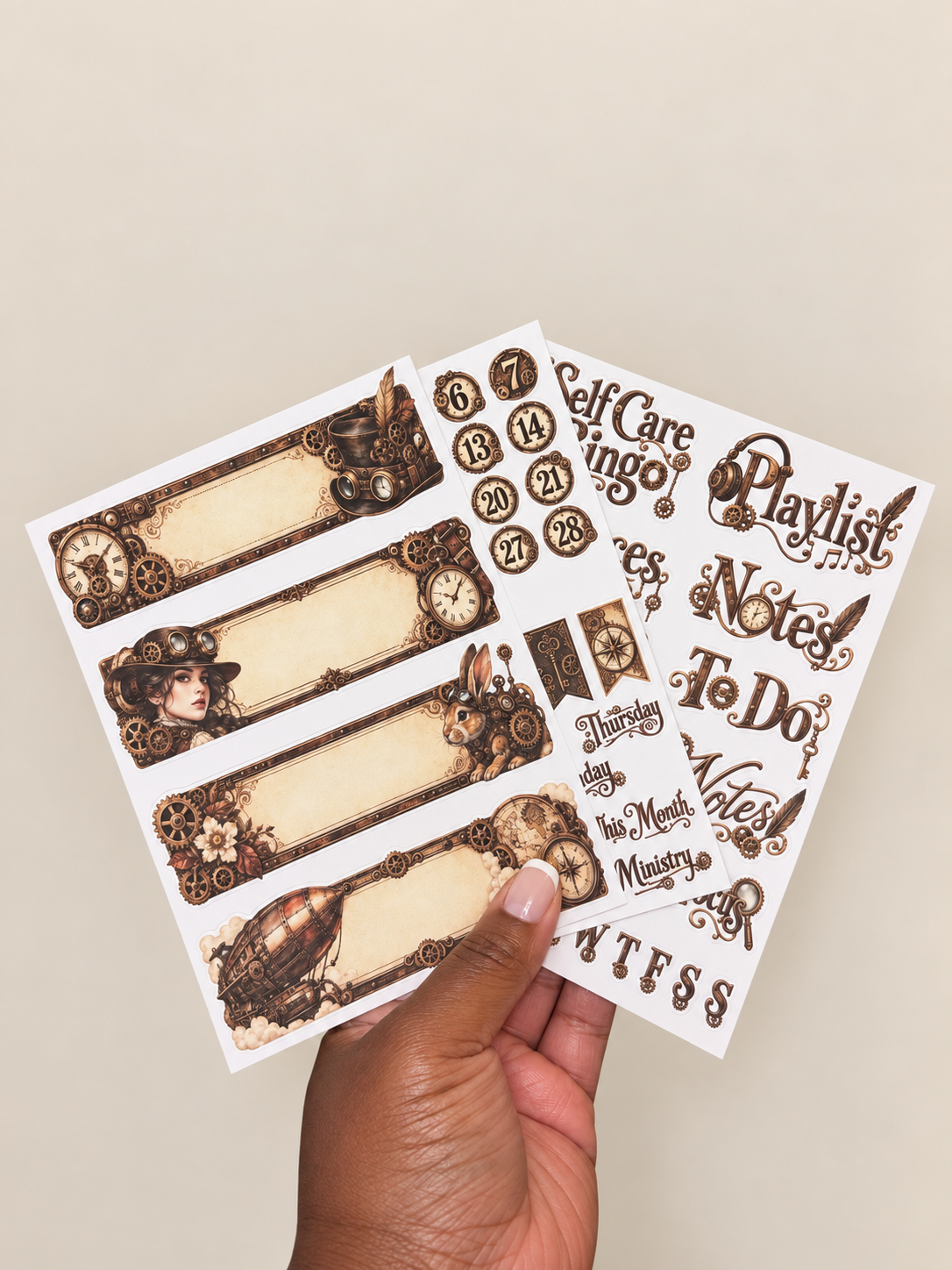 Steampunk Station Basic 3-sheet bullet journal sticker set with gears, clocks and vintage steampunk planner stickers