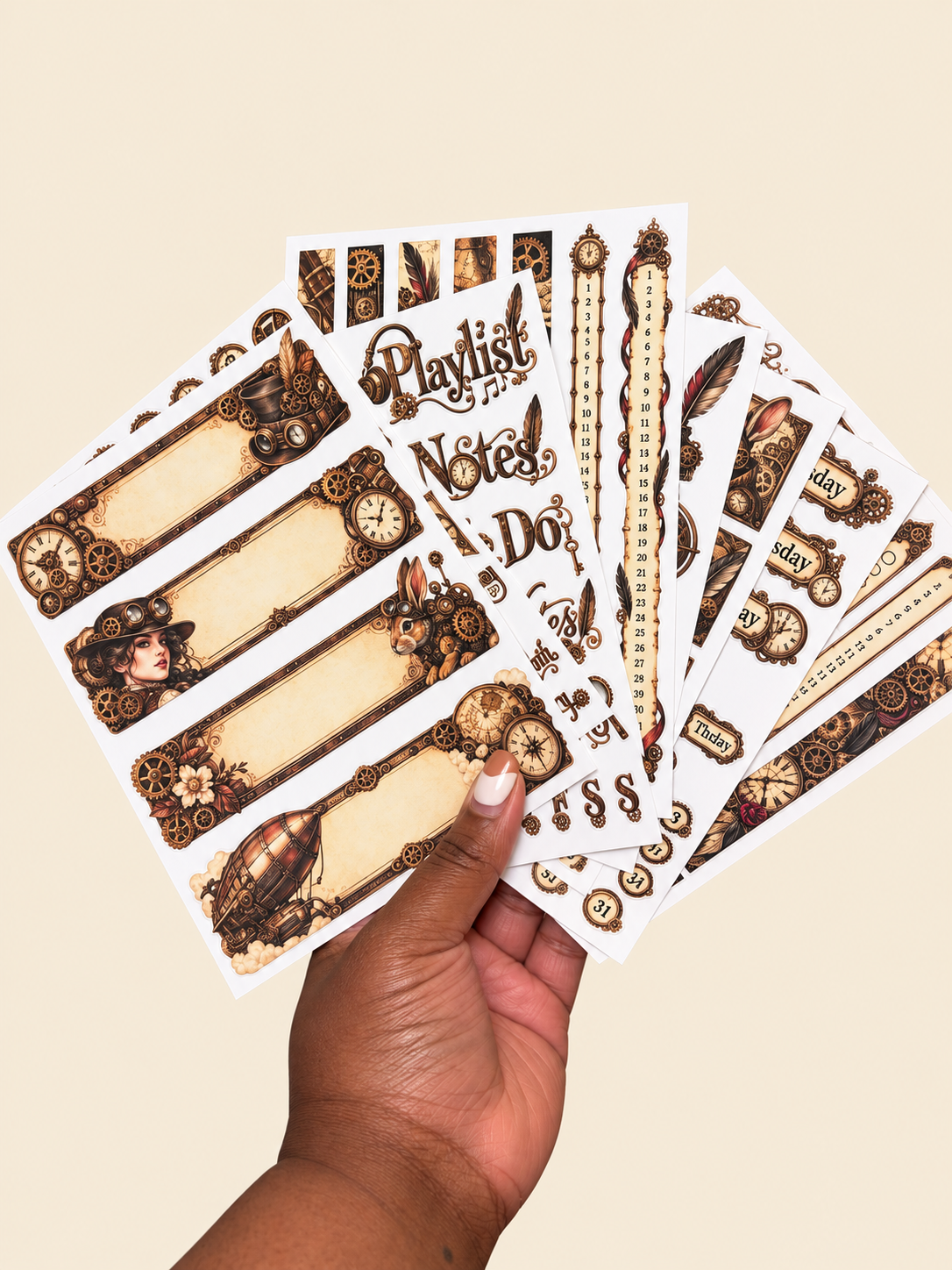 Steampunk Station Deluxe 8-sheet bullet journal sticker set with vintage gears, clocks and Victorian-inspired planner stickers
